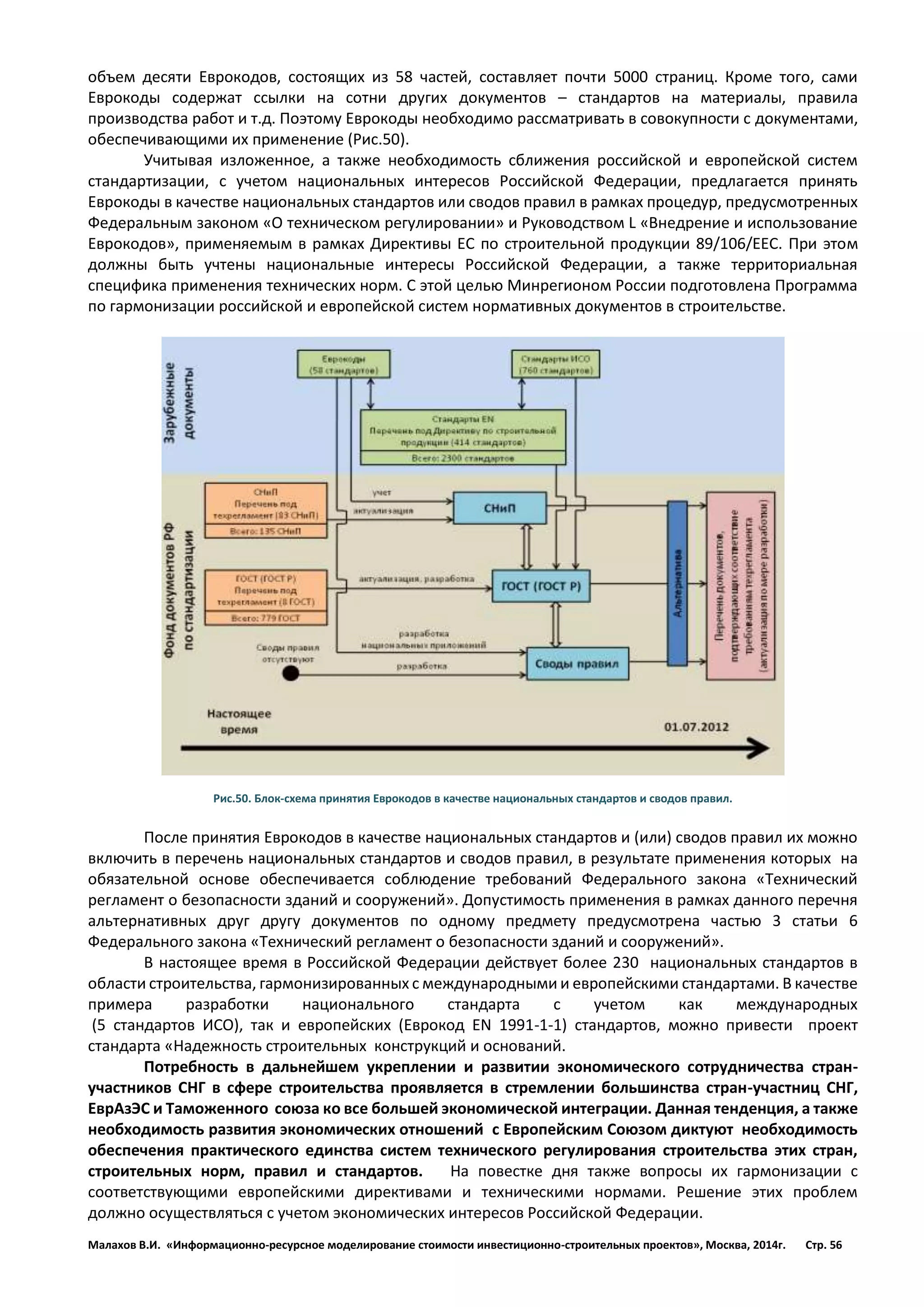 Малахов В.И. «Информационно-ресурсное моделирование стоимости инвестиционно-строительных проектов», Москва, 2014г. Стр. 56 
объем десяти Еврокодов, состоящих из 58 частей, составляет почти 5000 страниц. Кроме того, сами Еврокоды содержат ссылки на сотни других документов – стандартов на материалы, правила производства работ и т.д. Поэтому Еврокоды необходимо рассматривать в совокупности с документами, обеспечивающими их применение (Рис.50). 
Учитывая изложенное, а также необходимость сближения российской и европейской систем стандартизации, с учетом национальных интересов Российской Федерации, предлагается принять Еврокоды в качестве национальных стандартов или сводов правил в рамках процедур, предусмотренных Федеральным законом «О техническом регулировании» и Руководством L «Внедрение и использование Еврокодов», применяемым в рамках Директивы ЕС по строительной продукции 89/106/ЕЕС. При этом должны быть учтены национальные интересы Российской Федерации, а также территориальная специфика применения технических норм. С этой целью Минрегионом России подготовлена Программа по гармонизации российской и европейской систем нормативных документов в строительстве. 
Рис.50. Блок-схема принятия Еврокодов в качестве национальных стандартов и сводов правил. 
После принятия Еврокодов в качестве национальных стандартов и (или) сводов правил их можно включить в перечень национальных стандартов и сводов правил, в результате применения которых на обязательной основе обеспечивается соблюдение требований Федерального закона «Технический регламент о безопасности зданий и сооружений». Допустимость применения в рамках данного перечня альтернативных друг другу документов по одному предмету предусмотрена частью 3 статьи 6 Федерального закона «Технический регламент о безопасности зданий и сооружений». 
В настоящее время в Российской Федерации действует более 230 национальных стандартов в области строительства, гармонизированных с международными и европейскими стандартами. В качестве примера разработки национального стандарта с учетом как международных (5 стандартов ИСО), так и европейских (Еврокод EN 1991-1-1) стандартов, можно привести проект стандарта «Надежность строительных конструкций и оснований. 
Потребность в дальнейшем укреплении и развитии экономического сотрудничества стран- участников СНГ в сфере строительства проявляется в стремлении большинства стран-участниц СНГ, ЕврАзЭС и Таможенного союза ко все большей экономической интеграции. Данная тенденция, а также необходимость развития экономических отношений с Европейским Союзом диктуют необходимость обеспечения практического единства систем технического регулирования строительства этих стран, строительных норм, правил и стандартов. На повестке дня также вопросы их гармонизации с соответствующими европейскими директивами и техническими нормами. Решение этих проблем должно осуществляться с учетом экономических интересов Российской Федерации.  