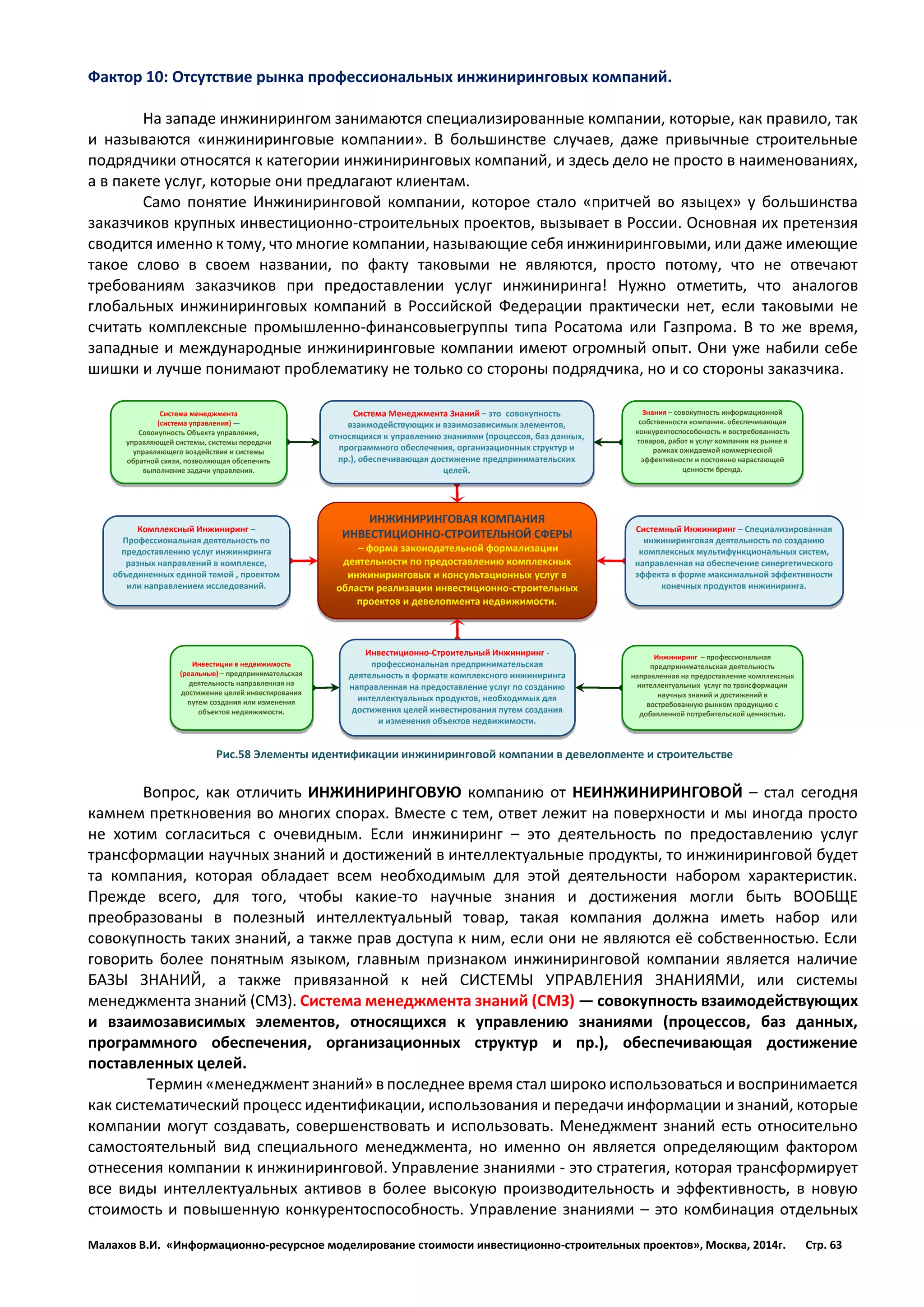 Малахов В.И. «Информационно-ресурсное моделирование стоимости инвестиционно-строительных проектов», Москва, 2014г. Стр. 63 
Фактор 10: Отсутствие рынка профессиональных инжиниринговых компаний. 
На западе инжинирингом занимаются специализированные компании, которые, как правило, так и называются «инжиниринговые компании». В большинстве случаев, даже привычные строительные подрядчики относятся к категории инжиниринговых компаний, и здесь дело не просто в наименованиях, а в пакете услуг, которые они предлагают клиентам. 
Само понятие Инжиниринговой компании, которое стало «притчей во языцех» у большинства заказчиков крупных инвестиционно-строительных проектов, вызывает в России. Основная их претензия сводится именно к тому, что многие компании, называющие себя инжиниринговыми, или даже имеющие такое слово в своем названии, по факту таковыми не являются, просто потому, что не отвечают требованиям заказчиков при предоставлении услуг инжиниринга! Нужно отметить, что аналогов глобальных инжиниринговых компаний в Российской Федерации практически нет, если таковыми не считать комплексные промышленно-финансовыегруппы типа Росатома или Газпрома. В то же время, западные и международные инжиниринговые компании имеют огромный опыт. Они уже набили себе шишки и лучше понимают проблематику не только со стороны подрядчика, но и со стороны заказчика. 
Вопрос, как отличить ИНЖИНИРИНГОВУЮ компанию от НЕИНЖИНИРИНГОВОЙ – стал сегодня камнем преткновения во многих спорах. Вместе с тем, ответ лежит на поверхности и мы иногда просто не хотим согласиться с очевидным. Если инжиниринг – это деятельность по предоставлению услуг трансформации научных знаний и достижений в интеллектуальные продукты, то инжиниринговой будет та компания, которая обладает всем необходимым для этой деятельности набором характеристик. Прежде всего, для того, чтобы какие-то научные знания и достижения могли быть ВООБЩЕ преобразованы в полезный интеллектуальный товар, такая компания должна иметь набор или совокупность таких знаний, а также прав доступа к ним, если они не являются её собственностью. Если говорить более понятным языком, главным признаком инжиниринговой компании является наличие БАЗЫ ЗНАНИЙ, а также привязанной к ней СИСТЕМЫ УПРАВЛЕНИЯ ЗНАНИЯМИ, или системы менеджмента знаний (СМЗ). Система менеджмента знаний (СМЗ) — совокупность взаимодействующих и взаимозависимых элементов, относящихся к управлению знаниями (процессов, баз данных, программного обеспечения, организационных структур и пр.), обеспечивающая достижение поставленных целей. 
Термин «менеджмент знаний» в последнее время стал широко использоваться и воспринимается как систематический процесс идентификации, использования и передачи информации и знаний, которые компании могут создавать, совершенствовать и использовать. Менеджмент знаний есть относительно самостоятельный вид специального менеджмента, но именно он является определяющим фактором отнесения компании к инжиниринговой. Управление знаниями - это стратегия, которая трансформирует все виды интеллектуальных активов в более высокую производительность и эффективность, в новую стоимость и повышенную конкурентоспособность. Управление знаниями – это комбинация отдельных 
ИНЖИНИРИНГОВАЯ КОМПАНИЯ 
ИНВЕСТИЦИОННО-СТРОИТЕЛЬНОЙ СФЕРЫ 
– форма законодательной формализации деятельности по предоставлению комплексных инжиниринговых и консультационных услуг в области реализации инвестиционно-строительных проектов и девелопмента недвижимости. 
Система Менеджмента Знаний – это совокупность взаимодействующих и взаимозависимых элементов, относящихся к управлению знаниями (процессов, баз данных, программного обеспечения, организационных структур и пр.), обеспечивающая достижение предпринимательских целей. 
Инжиниринг – профессиональная предпринимательская деятельность направленная на предоставление комплексных интеллектуальных услуг по трансформации научных знаний и достижений в востребованную рынком продукцию с добавленной потребительской ценностью. 
Комплексный Инжиниринг – Профессиональная деятельность по предоставлению услуг инжиниринга разных направлений в комплексе, объединенных единой темой , проектом или направлением исследований. 
Системный Инжиниринг – Специализированная инжиниринговая деятельность по созданию комплексных мультифункциональных систем, направленная на обеспечение синергетического эффекта в форме максимальной эффективности конечных продуктов инжиниринга. 
Инвестиционно-Строительный Инжиниринг - профессиональная предпринимательская деятельность в формате комплексного инжиниринга направленная на предоставление услуг по созданию интеллектуальных продуктов, необходимых для достижения целей инвестирования путем создания и изменения объектов недвижимости. 
Знания – совокупность информационной собственности компании. обеспечивающая конкурентоспособоность и востребованность товаров, работ и услуг компании на рынке в рамках ожидаемой коммерческой эффективности и постоянно нарастающей ценности бренда. 
Инвестиции в недвижимость (реальные) – предпринимательская деятельность направленная на достижение целей инвестирования путем создания или изменения объектов недвижимости. 
Система менеджмента 
(система управления) — 
Совокупность Объекта управления, управляющей системы, системы передачи управляющего воздействия и системы обратной связи, позволяющая обсепечить выполнение задачи управления. 
Рис.58 Элементы идентификации инжиниринговой компании в девелопменте и строительстве  