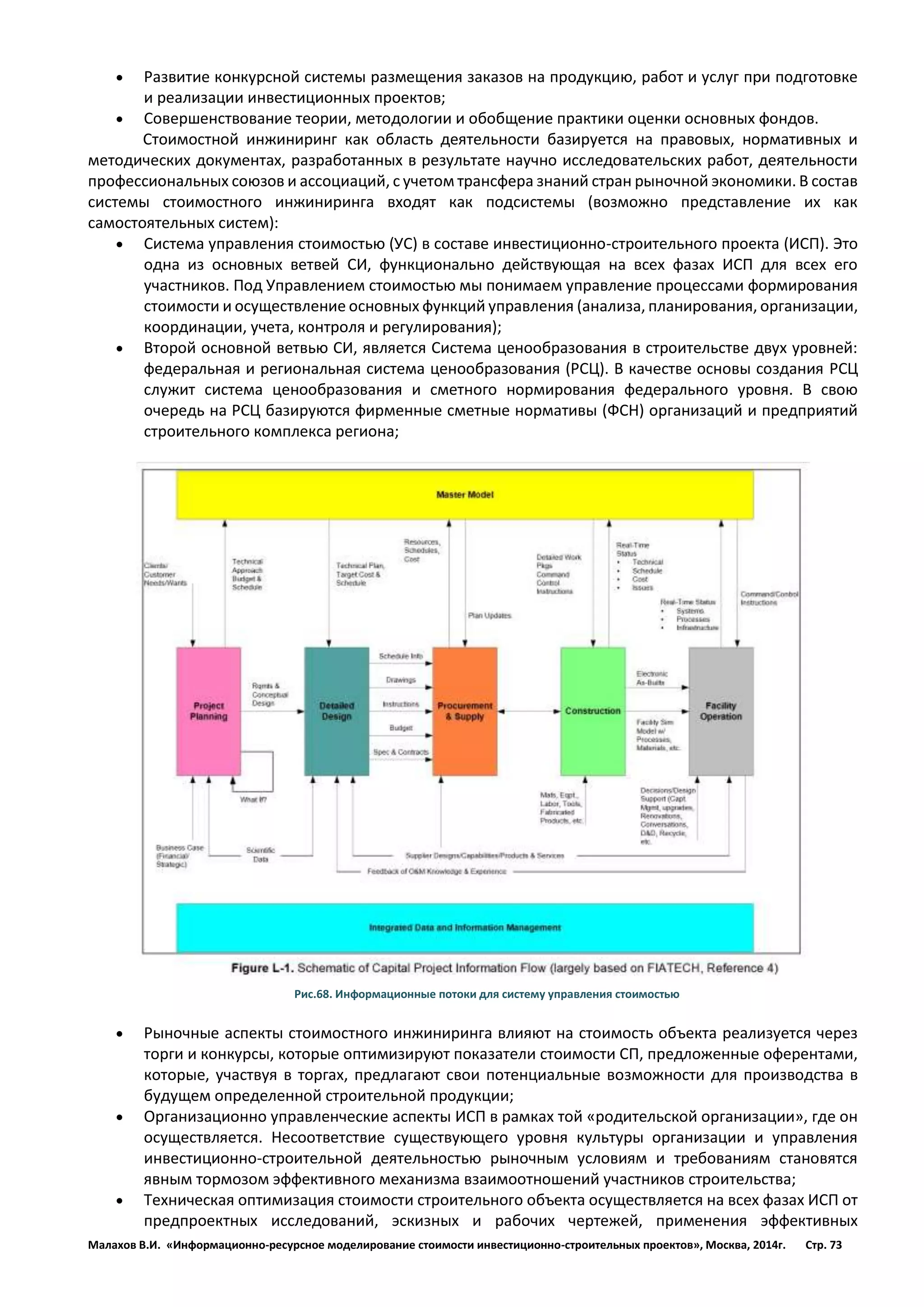 Малахов В.И. «Информационно-ресурсное моделирование стоимости инвестиционно-строительных проектов», Москва, 2014г. Стр. 73 
 Развитие конкурсной системы размещения заказов на продукцию, работ и услуг при подготовке и реализации инвестиционных проектов; 
 Совершенствование теории, методологии и обобщение практики оценки основных фондов. 
Стоимостной инжиниринг как область деятельности базируется на правовых, нормативных и методических документах, разработанных в результате научно исследовательских работ, деятельности профессиональных союзов и ассоциаций, с учетом трансфера знаний стран рыночной экономики. В состав системы стоимостного инжиниринга входят как подсистемы (возможно представление их как самостоятельных систем): 
 Система управления стоимостью (УС) в составе инвестиционно-строительного проекта (ИСП). Это одна из основных ветвей СИ, функционально действующая на всех фазах ИСП для всех его участников. Под Управлением стоимостью мы понимаем управление процессами формирования стоимости и осуществление основных функций управления (анализа, планирования, организации, координации, учета, контроля и регулирования); 
 Второй основной ветвью СИ, является Система ценообразования в строительстве двух уровней: федеральная и региональная система ценообразования (РСЦ). В качестве основы создания РСЦ служит система ценообразования и сметного нормирования федерального уровня. В свою очередь на РСЦ базируются фирменные сметные нормативы (ФСН) организаций и предприятий строительного комплекса региона; 
Рис.68. Информационные потоки для систему управления стоимостью 
 Рыночные аспекты стоимостного инжиниринга влияют на стоимость объекта реализуется через торги и конкурсы, которые оптимизируют показатели стоимости СП, предложенные оферентами, которые, участвуя в торгах, предлагают свои потенциальные возможности для производства в будущем определенной строительной продукции; 
 Организационно управленческие аспекты ИСП в рамках той «родительской организации», где он осуществляется. Несоответствие существующего уровня культуры организации и управления инвестиционно-строительной деятельностью рыночным условиям и требованиям становятся явным тормозом эффективного механизма взаимоотношений участников строительства; 
 Техническая оптимизация стоимости строительного объекта осуществляется на всех фазах ИСП от предпроектных исследований, эскизных и рабочих чертежей, применения эффективных  