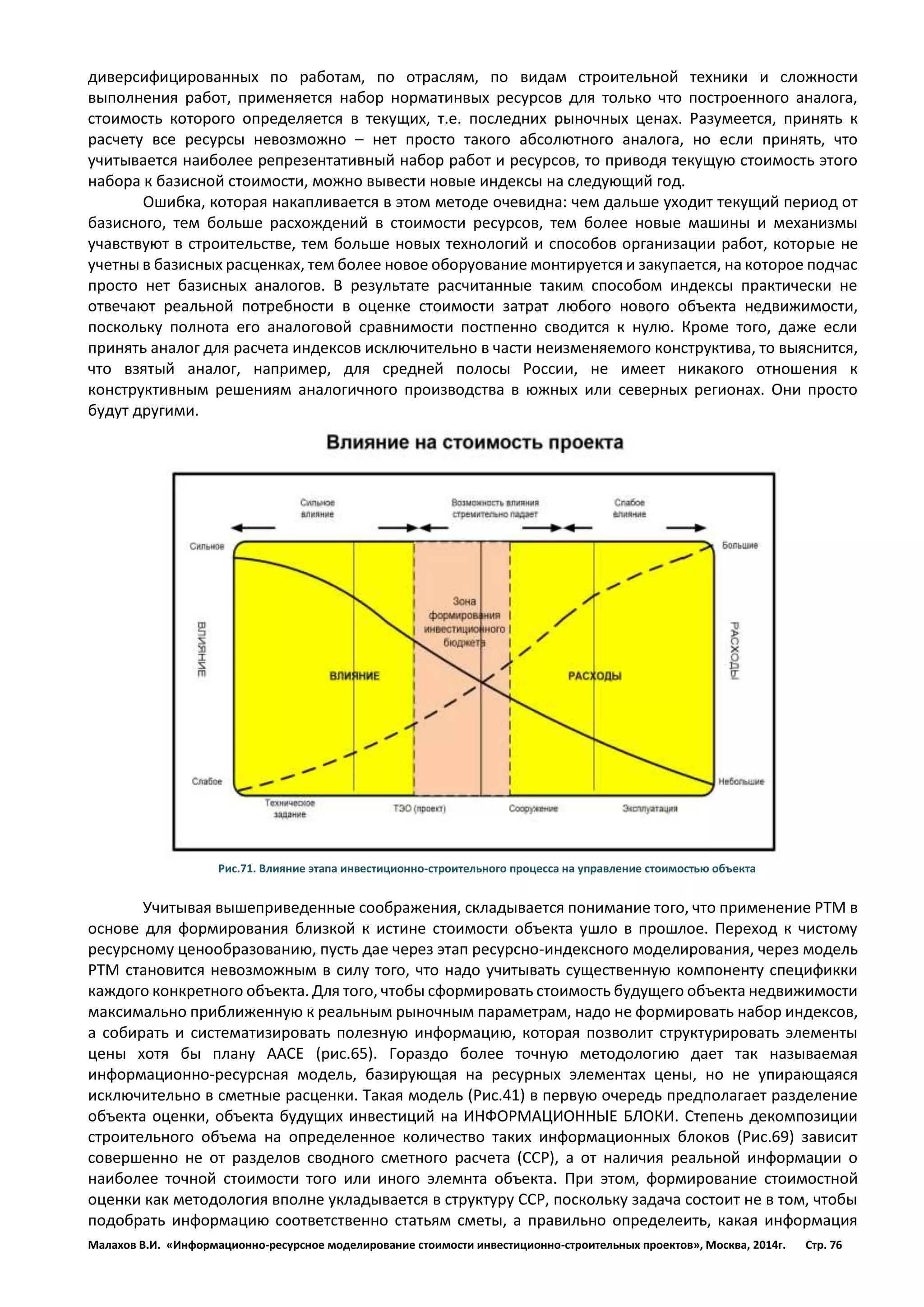 Малахов В.И. «Информационно-ресурсное моделирование стоимости инвестиционно-строительных проектов», Москва, 2014г. Стр. 76 
диверсифицированных по работам, по отраслям, по видам строительной техники и сложности выполнения работ, применяется набор норматинвых ресурсов для только что построенного аналога, стоимость которого определяется в текущих, т.е. последних рыночных ценах. Разумеется, принять к расчету все ресурсы невозможно – нет просто такого абсолютного аналога, но если принять, что учитывается наиболее репрезентативный набор работ и ресурсов, то приводя текущую стоимость этого набора к базисной стоимости, можно вывести новые индексы на следующий год. 
Ошибка, которая накапливается в этом методе очевидна: чем дальше уходит текущий период от базисного, тем больше расхождений в стоимости ресурсов, тем более новые машины и механизмы учавствуют в строительстве, тем больше новых технологий и способов организации работ, которые не учетны в базисных расценках, тем более новое оборуование монтируется и закупается, на которое подчас просто нет базисных аналогов. В результате расчитанные таким способом индексы практически не отвечают реальной потребности в оценке стоимости затрат любого нового объекта недвижимости, поскольку полнота его аналоговой сравнимости постпенно сводится к нулю. Кроме того, даже если принять аналог для расчета индексов исключительно в части неизменяемого конструктива, то выяснится, что взятый аналог, например, для средней полосы России, не имеет никакого отношения к конструктивным решениям аналогичного производства в южных или северных регионах. Они просто будут другими. 
Рис.71. Влияние этапа инвестиционно-строительного процесса на управление стоимостью объекта 
Учитывая вышеприведенные соображения, складывается понимание того, что применение РТМ в основе для формирования близкой к истине стоимости объекта ушло в прошлое. Переход к чистому ресурсному ценообразованию, пусть дае через этап ресурсно-индексного моделирования, через модель РТМ становится невозможным в силу того, что надо учитывать существенную компоненту спецификки каждого конкретного объекта. Для того, чтобы сформировать стоимость будущего объекта недвижимости максимально приближенную к реальным рыночным параметрам, надо не формировать набор индексов, а собирать и систематизировать полезную информацию, которая позволит структурировать элементы цены хотя бы плану ААСЕ (рис.65). Гораздо более точную методологию дает так называемая информационно-ресурсная модель, базирующая на ресурных элементах цены, но не упирающаяся исключительно в сметные расценки. Такая модель (Рис.41) в первую очередь предполагает разделение объекта оценки, объекта будущих инвестиций на ИНФОРМАЦИОННЫЕ БЛОКИ. Степень декомпозиции строительного объема на определенное количество таких информационных блоков (Рис.69) зависит совершенно не от разделов сводного сметного расчета (ССР), а от наличия реальной информации о наиболее точной стоимости того или иного элемнта объекта. При этом, формирование стоимостной оценки как методология вполне укладывается в структуру ССР, поскольку задача состоит не в том, чтобы подобрать информацию соответственно статьям сметы, а правильно определеить, какая информация  