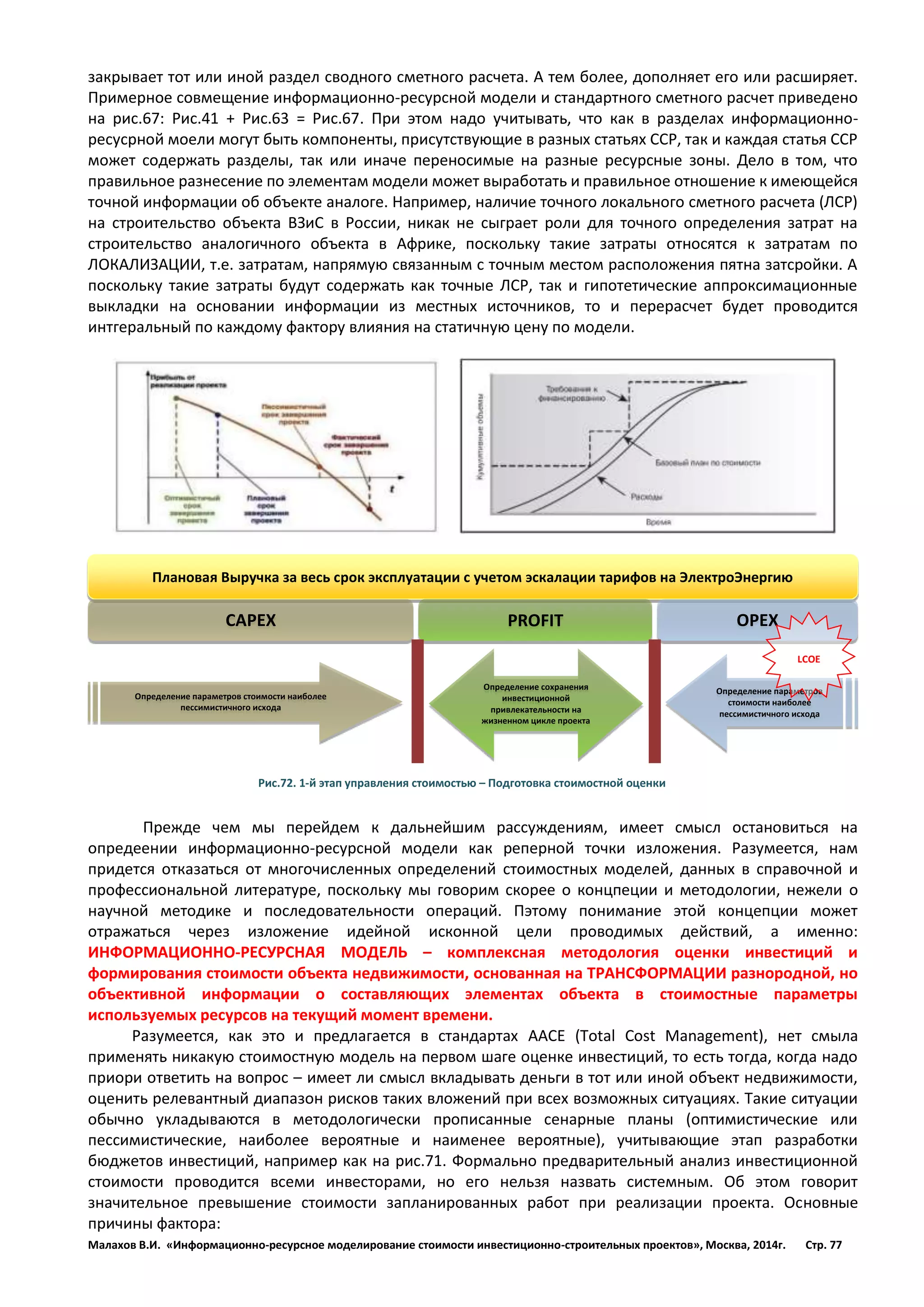 Малахов В.И. «Информационно-ресурсное моделирование стоимости инвестиционно-строительных проектов», Москва, 2014г. Стр. 77 
закрывает тот или иной раздел сводного сметного расчета. А тем более, дополняет его или расширяет. Примерное совмещение информационно-ресурсной модели и стандартного сметного расчет приведено на рис.67: Рис.41 + Рис.63 = Рис.67. При этом надо учитывать, что как в разделах информационно- ресусрной моели могут быть компоненты, присутствующие в разных статьях ССР, так и каждая статья ССР может содержать разделы, так или иначе переносимые на разные ресурсные зоны. Дело в том, что правильное разнесение по элементам модели может выработать и правильное отношение к имеющейся точной информации об объекте аналоге. Например, наличие точного локального сметного расчета (ЛСР) на строительство объекта ВЗиС в России, никак не сыграет роли для точного определения затрат на строительство аналогичного объекта в Африке, поскольку такие затраты относятся к затратам по ЛОКАЛИЗАЦИИ, т.е. затратам, напрямую связанным с точным местом расположения пятна затсройки. А поскольку такие затраты будут содержать как точные ЛСР, так и гипотетические аппроксимационные выкладки на основании информации из местных источников, то и перерасчет будет проводится интгеральный по каждому фактору влияния на статичную цену по модели. 
Прежде чем мы перейдем к дальнейшим рассуждениям, имеет смысл остановиться на опредеении информационно-ресурсной модели как реперной точки изложения. Разумеется, нам придется отказаться от многочисленных определений стоимостных моделей, данных в справочной и профессиональной литературе, поскольку мы говорим скорее о концпеции и методологии, нежели о научной методике и последовательности операций. Пэтому понимание этой концепции может отражаться через изложение идейной исконной цели проводимых действий, а именно: ИНФОРМАЦИОННО-РЕСУРСНАЯ МОДЕЛЬ – комплексная методология оценки инвестиций и формирования стоимости объекта недвижимости, основанная на ТРАНСФОРМАЦИИ разнородной, но объективной информации о составляющих элементах объекта в стоимостные параметры используемых ресурсов на текущий момент времени. 
Разумеется, как это и предлагается в стандартах ААСЕ (Total Cost Management), нет смыла применять никакую стоимостную модель на первом шаге оценке инвестиций, то есть тогда, когда надо приори ответить на вопрос – имеет ли смысл вкладывать деньги в тот или иной объект недвижимости, оценить релевантный диапазон рисков таких вложений при всех возможных ситуациях. Такие ситуации обычно укладываются в методологически прописанные сенарные планы (оптимистические или пессимистические, наиболее вероятные и наименее вероятные), учитывающие этап разработки бюджетов инвестиций, например как на рис.71. Формально предварительный анализ инвестиционной стоимости проводится всеми инвесторами, но его нельзя назвать системным. Об этом говорит значительное превышение стоимости запланированных работ при реализации проекта. Основные причины фактора: 
Плановая Выручка за весь срок эксплуатации с учетом эскалации тарифов на ЭлектроЭнергию 
CAPEX 
OPEX 
PROFIT 
Определение параметров стоимости наиболее пессимистичного исхода 
Определение параметров стоимости наиболее пессимистичного исхода 
Определение сохранения инвестиционной привлекательности на жизненном цикле проекта 
LCOE 
Рис.72. 1-й этап управления стоимостью – Подготовка стоимостной оценки 
 