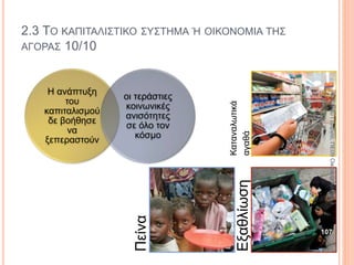 2.3 ΤΟ ΚΑΠΙΤΑΛΙΣΤΙΚΟ ΣΥΣΤΗΜΑ Ή ΟΙΚΟΝΟΜΙΑ ΤΗΣ ΑΓΟΡΑΣ 3/10
Αύξηση παραγωγής
• Χρήση άροτρου και αλόγου.
• Κατακόρυφη αύξηση της παραγωγής.
• Δημιουργία πλεονάσματος.
Ανάπτυξη εμπορίου
• Το πλεόνασμα της παραγωγής πωλείται.
• Ανάπτυξη εμπορίου.
• Εμπορευματική οικονομία (παραγωγή
προϊόντων για πώληση στην αγορά).
ΚαζάκουΓεωργία,ΠΕ09Οικονομολόγος
107
 