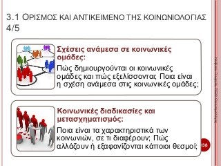 138
ΚαζάκουΓεωργία,ΠΕ09Οικονομολόγος
3.1 ΟΡΙΣΜΟΣ ΚΑΙ ΑΝΤΙΚΕΙΜΕΝΟ ΤΗΣ ΚΟΙΝΩΝΙΟΛΟΓΙΑΣ
4/5
Πώς δημιουργούνται οι κοινωνικές
ομάδες και πώς εξελίσσονται; Ποια είναι
η σχέση ανάμεσα στις κοινωνικές ομάδες;
Ποια είναι τα χαρακτηριστικά των
κοινωνιών, σε τι διαφέρουν; Πώς
αλλάζουν ή εξαφανίζονται κάποιοι θεσμοί;
 