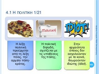 Η λέξη
πολιτική
προέρχεται
από τη λέξη
πόλις, την
αρχαία πόλη-
κράτος.
Η πολιτική
δηλαδή,
σχετίζεται με
τις υποθέσεις
της πόλης.
Στην
αρχαιότητα
όποιος δεν
ασχολούνταν
με τα κοινά,
θεωρούνταν
ιδιώτης (idiot). 165
ΚαζάκουΓεωργία,ΠΕ09Οικονομολόγος
4.1 Η ΠΟΛΙΤΙΚΗ 1/21
 
