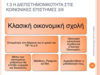 1.3 Η ΔΙΕΠΙΣΤΗΜΟΝΙΚΟΤΗΤΑ ΣΤΙΣ
ΚΟΙΝΩΝΙΚΕΣ ΕΠΙΣΤΗΜΕΣ 1/9
Οικονομία
Κοινωνία
Πολιτική
Δεν εξελίσσονται
απομονωμένα μεταξύ
τους.
Είναι δεμένες μεταξύ
τους με σχέσεις
αλληλεπίδρασης.
18
ΚαζάκουΓεωργία,ΠΕ09Οικονομολόγος
 