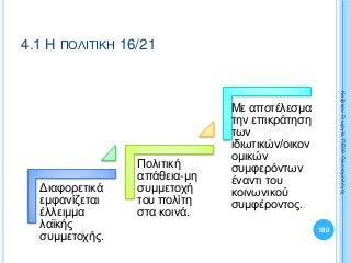 Διαφορετικά
εμφανίζεται
έλλειμμα
λαϊκής
συμμετοχής.
Πολιτική
απάθεια-μη
συμμετοχή
του πολίτη
στα κοινά.
Με αποτέλεσμα
την επικράτηση
των
ιδιωτικών/οικον
ομικών
συμφερόντων
έναντι του
κοινωνικού
συμφέροντος.
180
ΚαζάκουΓεωργία,ΠΕ09Οικονομολόγος
4.1 Η ΠΟΛΙΤΙΚΗ 16/21
 