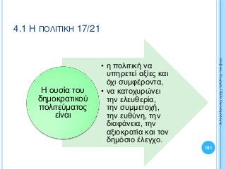 • η πολιτική να
υπηρετεί αξίες και
όχι συμφέροντα,
• να κατοχυρώνει
την ελευθερία,
την συμμετοχή,
την ευθύνη, την
διαφάνεια, την
αξιοκρατία και τον
δημόσιο έλεγχο.
Η ουσία του
δημοκρατικού
πολιτεύματος
είναι
181
ΚαζάκουΓεωργία,ΠΕ09Οικονομολόγος
4.1 Η ΠΟΛΙΤΙΚΗ 17/21
 