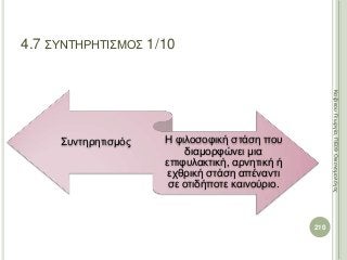 4.7 ΣΥΝΤΗΡΗΤΙΣΜΟΣ 1/10
210
ΚαζάκουΓεωργία,ΠΕ09Οικονομολόγος
Συντηρητισμός Η φιλοσοφική στάση που
διαμορφώνει μια
επιφυλακτική, αρνητική ή
εχθρική στάση απέναντι
σε οτιδήποτε καινούριο.
 