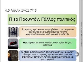 Πιερ Προυντόν, Γάλλος πολιτικός
Το κράτος πρέπει να καταργηθεί και η οικονομία να
οργανωθεί σε συνεταιρισμούς που θα
χρηματοδοτούνται από μια λαϊκή τράπεζα.
Η μετάβαση σε αυτό το είδος οικονομίας θα γίνει
ειρηνικά.
Ο Μαρξ άσκησε κριτική στις απόψεις του Προυντόν.
Θεωρεί πως το κράτος πρέπει να τεθεί υπό τον
έλεγχο των εργατών. Αυτή η αλλαγή δεν μπορεί να
γίνει ειρηνικά.
242
ΚαζάκουΓεωργία,ΠΕ09Οικονομολόγος
4.5 ΑΝΑΡΧΙΣΜΟΣ 7/13
 