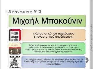 Μιχαήλ Μπακούνιν
«Καταστατικό του παγκόσμιου
επαναστατικού συνδέσμου».
Ριζική κατάργηση όλων των θρησκευτικών, πολιτικών,
οικονομικών και κοινωνικών οργανισμών και δημιουργία
παγκόσμιας οργάνωσης που θα βασιζόταν στην ελευθερία της
λογικής, της δικαιοσύνης και της εργασίας.
«Αν υπάρχει Θεός», δίδασκε, «ο άνθρωπος είναι δούλος του. Ο
άνθρωπος όμως μπορεί και πρέπει να είναι ελεύθερος. Άρα, δεν
υπάρχει Θεός».
244
ΚαζάκουΓεωργία,ΠΕ09Οικονομολόγος
4.5 ΑΝΑΡΧΙΣΜΟΣ 9/13
 