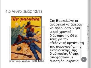 Ισπανικός εμφύλιος (1936-1939)
Στη Βαρκελώνη οι
αναρχικοί κατάφεραν
να εφαρμόσουν για
μικρό χρονικό
διάστημα τις ιδέες
τους για την
εθελοντική οργάνωση
της παραγωγής, της
εκπαίδευσης, της
διαδικασίας λήψης
αποφάσεων με
άμεση δημοκρατία.
247
ΚαζάκουΓεωργία,ΠΕ09Οικονομολόγος
4.5 ΑΝΑΡΧΙΣΜΟΣ 12/13
 