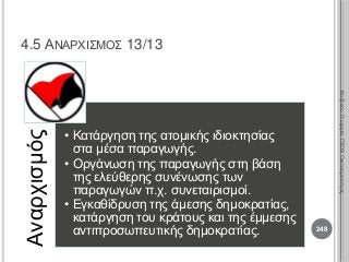 Αναρχισμός
• Κατάργηση της ατομικής ιδιοκτησίας
στα μέσα παραγωγής.
• Οργάνωση της παραγωγής στη βάση
της ελεύθερης συνένωσης των
παραγωγών π.χ. συνεταιρισμοί.
• Εγκαθίδρυση της άμεσης δημοκρατίας,
κατάργηση του κράτους και της έμμεσης
αντιπροσωπευτικής δημοκρατίας. 248
ΚαζάκουΓεωργία,ΠΕ09Οικονομολόγος
4.5 ΑΝΑΡΧΙΣΜΟΣ 13/13
 