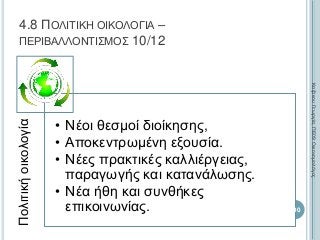Πολιτικήοικολογία
• Νέοι θεσμοί διοίκησης,
• Αποκεντρωμένη εξουσία.
• Νέες πρακτικές καλλιέργειας,
παραγωγής και κατανάλωσης.
• Νέα ήθη και συνθήκες
επικοινωνίας. 290
ΚαζάκουΓεωργία,ΠΕ09Οικονομολόγος
4.8 ΠΟΛΙΤΙΚΗ ΟΙΚΟΛΟΓΙΑ –
ΠΕΡΙΒΑΛΛΟΝΤΙΣΜΟΣ 10/12
 