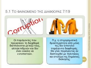 Οι παράγοντες που
προκαλούν τη διαφθορά
διαπλέκονται μεταξύ τους,
αλληλεπιδρούν και δεν
είναι εύκολο να
εντοπιστούν.
Π.χ. η επιχειρηματική
δραστηριότητα από μόνη
της δεν αποτελεί
παράγοντα διαφθοράς.
Θα γίνει παράγοντας αν
διαπλεχθεί με πολιτικούς
και στελέχη της δημόσιας
διοίκησης. 312
ΚαζάκουΓεωργία,ΠΕ09Οικονομολόγος
5.1 ΤΟ ΦΑΙΝΟΜΕΝΟ ΤΗΣ ΔΙΑΦΘΟΡΑΣ 7/19
 