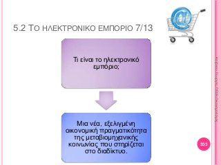 5.2 ΤΟ ΗΛΕΚΤΡΟΝΙΚΟ ΕΜΠΟΡΙΟ 7/13
Τι είναι το ηλεκτρονικό
εμπόριο;
Μια νέα, εξελιγμένη
οικονομική πραγματικότητα
της μεταβιομηχανικής
κοινωνίας που στηρίζεται
στο διαδίκτυο.
333
ΚαζάκουΓεωργία,ΠΕ09Οικονομολόγος
 