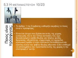 5.3 Η ΜΕΤΑΝΑΣΤΕΥΣΗ 10/23
Ποιοςείναι
πρόσφυγας;
• Το άρθρο 1 της Σύμβασης καθορίζει ακριβώς το ποιος
είναι ο πρόσφυγας.
•
• Είναι ένα άτομο που βρίσκεται εκτός της χώρας
καταγωγής του ή του τόπου κατοικίας του, έχει
δικαιολογημένο φόβο δίωξης για λόγους φυλής,
θρησκείας, εθνικότητας, συμμετοχής σε ορισμένη
κοινωνική ομάδα ή λόγω πολιτικών πεποιθήσεων και
εξαιτίας αυτού του φόβου δίωξης αδυνατεί ή δεν επιθυμεί
να απολαμβάνει την προστασία αυτής της χώρας ή την
επιστροφή σ' αυτήν.
ΚαζάκουΓεωργία,ΠΕ09Οικονομολόγος
351
 