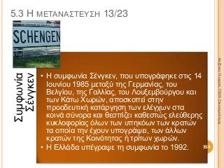 5.3 Η ΜΕΤΑΝΑΣΤΕΥΣΗ 13/23
Συμφωνία
Σένγκεν
• Η συμφωνία Σένγκεν, που υπογράφηκε στις 14
Ιουνίου 1985 μεταξύ της Γερμανίας, του
Βελγίου, της Γαλλίας, του Λουξεμβούργου και
των Κάτω Χωρών, αποσκοπεί στην
προοδευτική κατάργηση των ελέγχων στα
κοινά σύνορα και θεσπίζει καθεστώς ελεύθερης
κυκλοφορίας όλων των υπηκόων των κρατών
τα οποία την έχουν υπογράψει, των άλλων
κρατών της Κοινότητας ή τρίτων χωρών.
• Η Ελλάδα υπέγραψε τη συμφωνία το 1992.
ΚαζάκουΓεωργία,ΠΕ09Οικονομολόγος
354
 