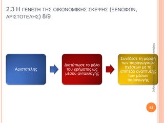 2.3 Η ΓΕΝΕΣΗ ΤΗΣ ΟΙΚΟΝΟΜΙΚΗΣ ΣΚΕΨΗΣ (ΞΕΝΟΦΩΝ,
ΑΡΙΣΤΟΤΕΛΗΣ) 3/9
Αρχαία
Ελλάδα
Έγιναν οι πρώτες προσπάθειες
διατύπωσης μιας οικονομικής θεώρησης.
Η οικονομία δεν είναι αυθύπαρκτη και
απομονωμένη από την κοινωνία και την
πολιτεία.
Η οικονομία αντιμετωπιζόταν ενταγμένη
στο σύνολο των κοινωνικών και πολιτικών
λειτουργιών της πόλης-κράτους. 63
ΚαζάκουΓεωργία,ΠΕ09Οικονομολόγος
 