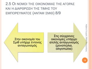 2.5 ΟΙ ΝΟΜΟΙ ΤΗΣ ΟΙΚΟΝΟΜΙΑΣ ΤΗΣ ΑΓΟΡΑΣ ΚΑΙ Η
ΔΙΑΡΘΡΩΣΗ ΤΗΣ ΤΙΜΗΣ ΤΟΥ ΕΜΠΟΡΕΥΜΑΤΟΣ (ΑΝΤΑΜ
ΣΜΙΘ) 3/8
Πίστη στην ατομική
ιδιοκτησία.
Πίστη στην οικονομική
ελευθερία.
Η οικονομική
συμπεριφορά των
ανθρώπων μπορεί να
διατυπωθεί σε νόμους.
Η κοινωνία μπορεί να
ευημερήσει με ελάχιστη
κρατική παρέμβαση.
Κλασική Σχολή
78
ΚαζάκουΓεωργία,ΠΕ09Οικονομολόγος
 