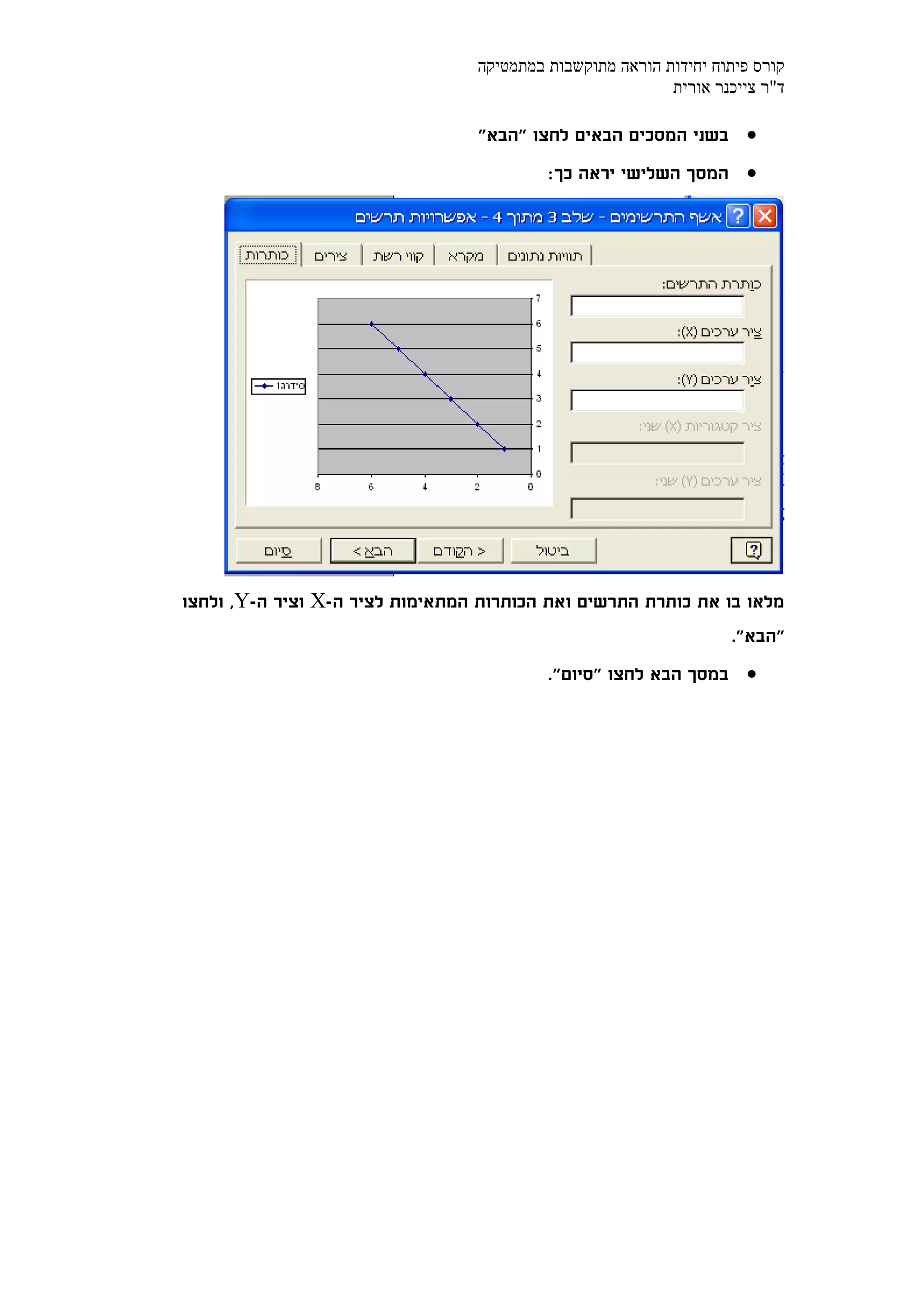 קורס פיתוח יחידות הוראה מתוקשבות במתמטיקה 
ד"ר צייכנר אורית 
 בשני המסכים הבאים לחצו "הבא" 
 המסך השלישי יראה כך: 
מלאו בו את כותרת התרשים ואת הכותרות המתאימות לציר ה- X וציר ה- Y , ולחצו 
"הבא". 
 במסך הבא לחצו "סיום". 
