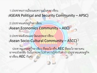 1.ประชาคมการเมืองและความมนั่คงอาเซียน 
(ASEAN Political and Security Community – APSC) 
2.ประชาคมเศรษฐกิจอาเซียน 
(Asean Economics Community – AEC) 
3.ประชาคมสังคมและวัฒนธรรมอาเซียน 
(Asean Socio-Cultural Community – ASCC) 
ประชาคมเศรษฐกิจอาเซียน คืออะไร หรือ AEC คืออะไร หลายคน 
อาจจะยังสงสัย วันนีเ้ราจะพาไปทาความรู้จักกับคาว่า ประชาคมเศรษฐกิจ 
อาเซียน AEC กันค่ะ 
 