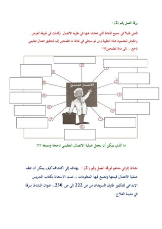 : ) ورقة العمل رقم ) 2 
تأملي قليلاً في جميع النقاط التي تحدثنا عنها في نظرية الاتصال وكذلك في طريقة العرض 
والنقاش لمضمون ىذه النظرية ومن ثم سجلي في نقاط ما تطمحين إليو لتحقيق اتصال تعليمي 
ناجح....إلى ماذا تطمحين؟؟؟ 
ما الذي يمكن أن يجعل عملية الاتصال التعليمي ناجحة وممتعة ؟؟؟ 
نشاط إثرائي مدعم لورقة العمل رقم ) 2( : يهدف إلى اكتشاف كيف يمكن أن تفقد 
عملية الاتصال قيمتها وتضيع فيها المعلومات ,, تمت الاستعانة بكتاب التدريس 
الإبداعي للدكتور طارق السويدان من ص 222 إلى ص 230 ,, عنوان النشاط سرقة 
في مدينة الفلاح . 
 