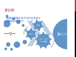 まとめ 
価値を実現するプロダクトを作り 
（最初はMVPで） 
 