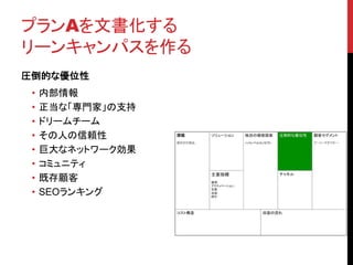 プランAを文書化する 
リーンキャンパスを作る 
圧倒的な優位性 
• 内部情報 
• 正当な「専門家」の支持 
• ドリームチーム 
• その人の信頼性 
• 巨大なネットワーク効果 
• コミュニティ 
• 既存顧客 
• SEOランキング 
 