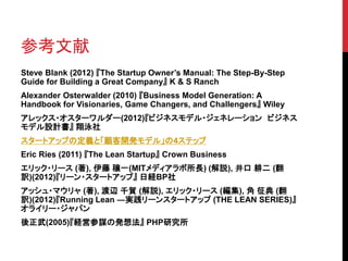 参考文献 
Steve Blank (2012) 『The Startup Owner’s Manual: The Step-By-Step 
Guide for Building a Great Company』K & S Ranch 
Alexander Osterwalder (2010) 『Business Model Generation: A 
Handbook for Visionaries, Game Changers, and Challengers』Wiley 
アレックス・オスターワルダー(2012)『ビジネスモデル・ジェネレーションビジネス 
モデル設計書』翔泳社 
スタートアップの定義と「顧客開発モデル」の4ステップ 
Eric Ries (2011) 『The Lean Startup』Crown Business 
エリック・リース(著), 伊藤穣一(MITメディアラボ所長) (解説), 井口耕二(翻 
訳)(2012)『リーン・スタートアップ』日経BP社 
アッシュ・マウリャ(著), 渡辺千賀(解説), エリック・リース(編集), 角征典(翻 
訳)(2012)『Running Lean ―実践リーンスタートアップ(THE LEAN SERIES)』 
オライリー・ジャパン 
後正武(2005)『経営参謀の発想法』PHP研究所 
