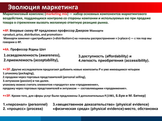 Эволюция маркетинга 
Маркетинговый комплекс (marketing mix) — набор основных компонентов маркетингового 
воздействия, поддающихся контролю со стороны компании и используемых ею при продаже 
товара в стремлении вызвать желаемую ответную реакцию рынка. 
•4Р. Впервые схему 4Р предложил профессор Джером Маккарти 
«product, price, distribution, and promotion» 
Маккарти заменил «дистрибуцию» («distribution») на «каналы распространения » («place») — с тех пор мы 
говорим о 4Р. 
1.осведомленность (awareness), 
2.приемлемость (acceptability), 
3.доступность (affordability) и 
4.легкость приобретения (accessibility). 
•4А. Профессор Ягдиш Шет 
•+3Р. Другие исследователи предлагают добавить новые композиты Р к уже имеющимся четырем 
1.упаковку (packaging), 
2.продажи через торговых представителей (personal selling), 
3.энтузиазм (passion) и так далее. 
упаковку можно считать элементом «продукта» или «продвижения», 
продажу через торговых представителей и энтузиазм — составляющими «продвижения». 
•+3Р. Кроме того, для сферы услуг были предложены 3 дополнительных Р.(1981, Б.Бум и М. Битнер) 
1.«персонал» (personnel) 
2. «процесс» (process) 
3.«вещественное доказательство» (physical evidence) 
«физическая среда» (physical evidence)-место, обстановка 
 