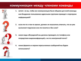 коммуникации между членами команды 
1. хотите ли вы, чтобы все коммуникации были общими для всей команды 
или бездумное пользование адресными группами приведет к перегрузке 
информацией? 
2. если кто-то о чем-то просит, должен ли получатель отвечать, что он уже 
выполняет поручение или это понятно и без слов? 
3. какие виды обсуждений мы должны проводить по телефону или 
посредством видеоконференций, а не по электронной почте? 
4. какие форматы и версии пересылаемых сообщений мы будем 
использовать? 
 