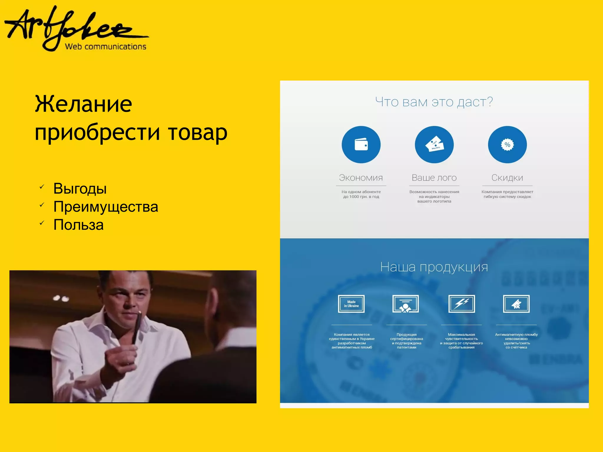 Желание 
приобрести товар 
 Выгоды 
 Преимущества 
 Польза 
 