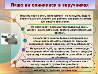 Якщо ви опинилися ЯЯЯкккщщщооо вввиии ооопппииинннииилллииисссяяя вввв ззззааааррррууууччччннннииииккккаааахххх 
Візьміть себе в руки, заспокойтеся і не панікуйте, будьте 
впевнені, що спецслужби вже роблять професійні заходи 
для вашого звільнення. 
По можливості розташуйтеся подалі від вікон, 
дверей і самих злочинців, тобто в місцях найбільшої 
безпеки. 
Запам'ятайте якомога більше інформації про 
злочинців: їх кількість, характерні прикмети 
зовнішності, манер поведінки ,ступінь озброєності. 
Не допускайте дій, що провокують злочинців до 
застосування зброї або насильства. Вивчіть ситуацію, 
при цьому намагайтеся не робити самостійних спроб 
до звільнення. 
Під час звільнення лягайте на підлогу обличчям вниз, 
голову закрийте руками і не рухайтеся. 
Не біжіть назустріч співробітникам спецслужб або від них – 
вас можуть прийняти за злочинців. 
41 
 