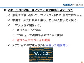 23 
2010～2012年：オフショア開発は第二ステージへ 
景気は回復しないが、オフショア開発の重要性は高まる 
中国は一歩先に景気回復し、激しい人材流動に戻る 
「オフショア開発2.0 」 
オフショア保守運用 
3カ所以上での他拠点オフショア開発 
オフショアアジャイル開発 
オフショア保守運用以外は目立った進展無し  