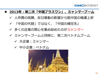 24 
2013年：第二次「中国プラスワン」、ミャンマーブーム 
人件費の高騰、反日暴動の影響から脱中国の機運上昇 
「中国の代替」ではなく、「中国の補完先」 
多くの企業の関心を集め始めたのがミャンマー 
ミャンマーブームと同時に、第二次ベトナムブーム 
大企業：ミャンマー 
中小企業：ベトナム  