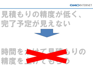 見積もりの精度が低く、 完了予定が見えない 時間をかけて見積もりの 精度を上げてもらう  