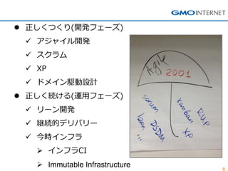 8 
正しくつくり(開発フェーズ) 
アジャイル開発 
スクラム 
XP 
ドメイン駆動設計 
正しく続ける(運用フェーズ) 
リーン開発 
継続的デリバリー 
今時インフラ 
インフラCI 
Immutable Infrastructure  