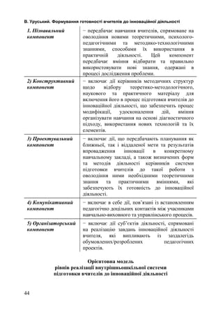 В. Уруський. Формування готовності вчителів до інноваційної діяльності 
1. Пізнавальний 
компонент 
− передбачає навчання вчителів, спрямоване на 
оволодіння новими теоретичними, психолого- 
педагогічними та методико-технологічними 
знаннями, способами їх використання в 
практичній діяльності. Цей компонент 
передбачає вміння відбирати та правильно 
використовувати нові знання, одержані в 
процесі дослідження проблеми. 
2) Конструктивний 
компонент 
− включає дії керівників методичних структур 
щодо відбору теоретико-методологічного, 
наукового та практичного матеріалу для 
включення його в процес підготовки вчителів до 
інноваційної діяльності, що забезпечить процес 
модифікації, удосконалення дій, вміння 
організувати навчання на основі діагностичного 
підходу, використання нових технологій та їх 
елементів. 
3) Проектувальний 
компонент 
− включає дії, що передбачають планування як 
ближньої, так і віддаленої мети та результатів 
впровадження інновації в конкретному 
навчальному закладі, а також визначених форм 
та методів діяльності керівників системи 
підготовки вчителів до такої роботи з 
оволодіння ними необхідними теоретичними 
знання та практичними вміннями, які 
забезпечують їх готовність до інноваційної 
діяльності. 
4) Комунікативний 
компонент 
− включає в себе дії, пов’язані із встановленням 
педагогічно доцільних контактів між учасниками 
навчально-виховного та управлінського процесів. 
5) Організаторський 
компонент 
− включає дії суб’єктів діяльності, спрямовані 
на реалізацію завдань інноваційної діяльності 
вчителя, які випливають із заздалегідь 
обумовлених/розроблених педагогічних 
проектів. 
Орієнтовна модель 
рівнів реалізації внутрішньошкільної системи 
підготовки вчителів до інноваційної діяльності 
44 
 