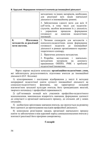 В. Уруський. Формування готовності вчителів до інноваційної діяльності 
методичних та інших матеріалів, необхідних 
для реалізації всіх видів навчальної 
діяльності в інноваційному режимі. 
3. Забезпечення єдності мети для всіх її 
суб’єктів, в тому числі для педагогів- 
слухачів, засобом включення їх у діяльність 
з управління процесом формування 
готовності до освоєння педагогічних 
інновацій. 
8. Підготовка 
методистів до реалізації 
мети системи. 
1. Читання спецкурсів для методистів з 
психолого-педагогічних основ формування 
готовності педагогів до інноваційної 
діяльності в рамках організованого науково- 
теоретичного семінару. 
2. Практична допомога методистам. 
3. Розробка методичних і навчально- 
методичних матеріалів на допомогу 
працівникам ОІППО, РМК з проблеми 
педагогічної інноватики. 
Варто окремо виділити комплекс організаційно-педагогічних умов, 
які забезпечують результативність підготовки вчителя до інноваційної 
діяльності (О.Г. Козлова): 
1) цілеспрямоване і послідовне відображення у змісті й методиці 
неперервної педагогічної освіти сутності інноваційної діяльності як 
соціально-педагогічного феномена, що характеризує складний 
взаємозв’язок загальної культури вчителя, його громадянських якостей, 
творчого потенціалу і професійної спрямованості; 
2) суб’єктивація позицій всіх учасників професійно-педагогічного 
вдосконалення, максимальна відкритість навчання, формування здатності 
до співучасті в організації навчального процесу, до спільних дій у нових 
ситуаціях; 
3) особистісно орієнтоване навчання вчителя, що ґрунтується на розвитку 
його здатності до прогнозування наслідків професійної діяльності; 
4) комплексне розв’язання завдань організації навчального процесу 
освіти та забезпечення в між курсовий період самовдосконалення вчителя у 
контексті реалізації його програми саморозвитку. 
Глосарій 
58 
 