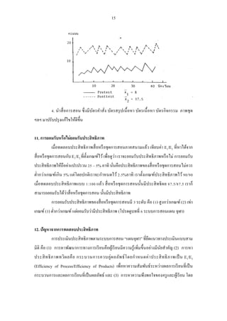 15 
4. นาสื่อการสอน ซึ่งมีบัตรคาสั่ง บัตรสรุปเนื้อหา บัตรเนื้อหา บัตรกิจกรรม ภาพชุด ฯลฯ มาปรับปรุงแก้ไขให้ดีขึ้น 
11. การยอมรับหรือไม่ยอมรับประสิทธิภาพ 
เมื่อทดลอบประสิทธิภาพสื่อหรือชุดการสอนภาคสนามแล้ว เทียบค่า E1/E2 ที่หาได้จาก สื่อหรือชุดการสอนกับ E1/E2 ที่ตั้งเกณฑ์ไว้ เพื่อดูว่า เราจะยอมรับประสิทธิภาพหรือไม่ การยอมรับ ประสิทธิภาพให้ถือค่าแปรปรวน 25 – 5% อาทิ นั่นคือประสิทธิภาพของสื่อหรือชุดการสอนไม่ควร ต่ากว่าเกณฑ์เกิน 5% แต่โดยปกติเราจะกาหนดไว้ 2.5%อาทิ เราตั้งเกณฑ์ประสิทธิภาพไว้ 90/90 เมื่อทดลอบประสิทธิภาพแบบ 1:100 แล้ว สื่อหรือชุดการสอนนั้นมีประสิทธิผล 87.5/87.5 เราก็ สามารถยอมรับได้ว่าสื่อหรือชุดการสอน นั้นมีประสิทธิภาพ 
การยอมรับประสิทธิภาพของสื่อหรือชุดการสอนมี 3 ระดับ คือ (1) สูงกว่าเกณฑ์ (2) เท่า เกณฑ์ (3) ต่ากว่าเกณฑ์ แต่ยอมรับว่ามีประสิทธิภาพ (โปรดดูบทที่ 6 ระบบการสอนแผน จุฬา) 
12. ปัญหาจากการทดสอบประสิทธิภาพ 
การประเมินประสิทธิภาพตามระบบการสอน “แผนจุฬา” ที่ยึดแนวทางประเมินแบบสาม มิติ คือ (1) การหาพัฒนาการทางการเรียนคือผู้เรียนมีความรู้เพิ่มขึ้นอย่างมีนัยสาคัญ (2) การหา ประสิทธิภาพทวิผลคือ กระบวนการควบคู่ผลลัพธ์โดยกาหนดค่าประสิทธิภาพเป็น E1/E2 (Efficiency of Process/Efficiency of Products) เพื่อหาความสัมพันธ์ระหว่างผลการเรียนที่เป็น กระบวนการและผลการเรียนที่เป็นผลลัพธ์ และ (3) การหาความพึงพอใจของครูและผู้เรียน โดย  
