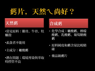 鈣片，天然ㄟ尚好？ 
天然鈣合成鈣 
•常見原料：雞骨、牛骨、牡 
蠣殼 
•素食者不能用 
•主成分：碳酸鈣 
•潛在問題：環境污染與萃取 
時控管不良 
• 化學合成：碳酸鈣、檸檬 
酸鈣、乳酸鈣、葡萄糖酸 
鈣 
• 原料純度和鈣含量比較精 
確 
• 藥品級鈣片 
 