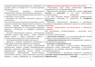 изменений предметно-развивающей среды, позволяющих, по 
ситуации, вынести на первый план ту или иную функцию 
пространства; 
3.1.2. Комплексное оснащение воспитательно- 
образовательного процесса, обеспечивающее возможности: 
осуществления не только образовательной деятельности, но 
и присмотра и ухода за детьми; 
организации как совместной деятельности взрослого и 
воспитанников, 
так и самостоятельной деятельности воспитанников не только 
в рамках непосредственно образовательной деятельности по 
освоению основной общеобразовательной программы 
дошкольного образования, но и при проведении режимных 
моментов в соответствии со спецификой дошкольного 
образования; 
построения образовательного процесса с использованием 
адекватных возрасту форм работы с детьми. Основной 
формой работы с детьми дошкольного возраста 
и ведущим видом деятельности для них является игра; 
организации разнообразной игровой деятельности; 
выявления и развития способностей воспитанников в 
любых формах организации образовательного процесса; 
освоения детьми, в том числе детьми с ограниченными 
возможностями здоровья, основной общеобразовательной 
программы дошкольного образования и их интеграции в 
образовательном учреждении, включая оказание им 
индивидуально ориентированной психолого-медико- 
педагогической помощи, а также необходимой технической 
помощи с учетом особенностей их психофизического 
полифункциональной, вариативной, доступной и безопасной. 
1) Насыщенность среды должна соответствовать возрастным 
возможностям детей и содержанию Программы. 
Образовательное пространство должно быть оснащено средствами 
обучения и воспитания (в том числе техническими), 
соответствующими материалами, 
в том числе расходным игровым, спортивным, оздоровительным 
оборудованием, инвентарём (в соответствии со спецификой 
Программы). 
Организация образовательного пространства и разнообразие 
материалов, оборудования и инвентаря (в здании и на участке) должны 
обеспечивать: 
игровую, познавательную, исследовательскую и творческую 
активность 
всех воспитанников, экспериментирование с доступными детям 
материалами 
(в том числе с песком и водой); 
двигательную активность, в том числе развитие крупной и мелкой 
моторики, участие в подвижных играх и соревнованиях; 
эмоциональное благополучие детей во взаимодействии с предметно- 
пространственным окружением; 
возможность самовыражения детей. 
Для детей младенческого и раннего возраста образовательное 
пространство должно предоставлять необходимые и достаточные 
возможности для движения, предметной и игровой деятельности с 
разными материалами. 
2) Трансформируемость пространства предполагает возможность 
изменений предметно-пространственной среды в зависимости от 
образовательной ситуации, 
36 
 