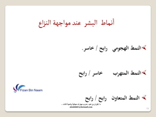 نماط البشر عند مواجهة النزاع 
ا 
 النمط الهجومي رابح / خاسر. 
 النمط المتهرب خاسر / رابح 
 النمط المتعاون رابح / رابح 
19 
د / ف زٌان بن نعم - مدرب مهارات ح اٌت ةٌ وتنم ةٌ الذات – 
abokhlid1@hotmail.com 
 