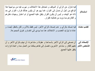 استسلام 
ف هٌ تنازل عن الرأي أو الموقف و نتجاهل هذا الاختلاف و نهرب ف هٌ من مواجهة هذا 
الواقع من أجل أن نصل إلى القرار، فما هٌم هو أن كٌون هنالك قرار، القرار ف حد 
ذاته هو الهدف و ل سٌ أن كٌون القرار تٌفق عل هٌ الجم عٌ أو تم اعتبار وجهات نظرهم 
و أفكارهم مما زٌ دٌ من فعال تٌه كقرار. 
غضب مضاد 
ف هٌ تمسك بالرأي و عدم إصغاء للرأي الآخر، ل سٌ فقط بالأذن و لكن بالعقل أ ضٌا، و 
عادة ما تٌزا دٌ الغضب و الاختلاف هنا مما ؤٌدي إلى انقسام و تفرق المجموعة. 
الإصغاء إلى 
الشخص الآخر 
أن نصغ إلى الرأي الآخر بأسماعنا و عقولنا و مشاعرنا، أن نهتم بالرأي الآخر و أن 
نتفهم أفكار و مشاعر الآخر نٌ، فنصل إلى تفاهم مٌكننا من العمل معا و اتخاذ قرارات 
تٌفق عل هٌا الجم عٌ. 
 