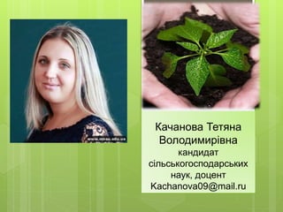 Качанова Тетяна 
Володимирівна 
кандидат 
сільськогосподарських 
наук, доцент 
Kachanova09@mail.ru 
 