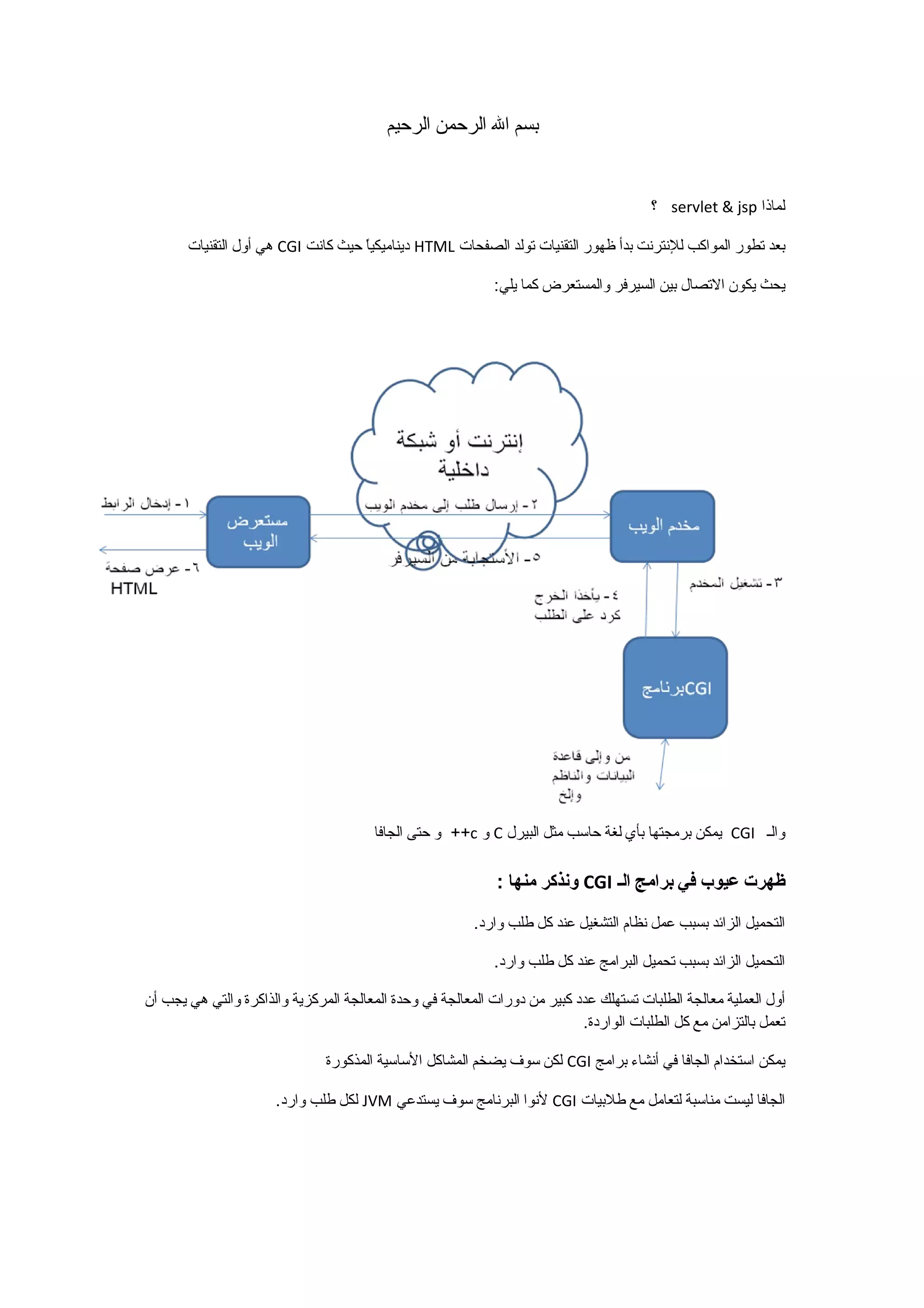 بسم ال الرحمن الرحيم 
؟ servlet & jsp لماذا 
هي أول التقنيات CGI ديناميكياً  حيث كانت HTML بعد تطور المواكب للنترنت بدأ ظهور التقنيات تولد الصفحات 
يحث يكون التصال بين السيرفر والمستعرض كما يلي: 
و حتى الجافا ++c و C يمكن برمجتها بأي لغة حاسب مثل البيرل CGI والـ 
ونذكر منها : CGI ظهرت عيوب في برامج الـ 
التحميل الزائد بسبب عمل نظام التشغيل عند كل طلب وارد. 
التحميل الزائد بسبب تحميل البرامج عند كل طلب وارد. 
أول العملية معالجة الطلبات تستهلك عدد كبير من دورات المعالجة في وحدة المعالجة المركزية والذاكرة والتي هي يجب أن 
تعمل بالتزامن مع كل الطلبات الواردة. 
لكن سوف يضخم المشاكل الساسية المذكورة CGI يمكن استخدام الجافا في أنشاء برامج 
لكل طلب وارد. JVM لنوا البرنامج سوف يستدعي CGI الجافا ليست مناسبة لتعامل مع طلبيات 
 