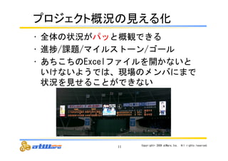 䝥䝻䝆䜵䜽䝖ᴫἣ䛾ぢ䛘䜛໬ 
• 全体の状況がパッと概観できる 
• 進捗/課題/マイルストーン/ゴール 
• あちこちのExcelファイルを開かないと 
いけないようでは、現場のメンバにまで 
状況を見せることができない 
11 Copyright© 
2009 
atWare,Inc.　All 
rights 
reserved. 
 