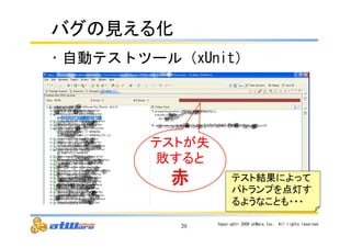 • 自動テストツール（xUnit） 
20 Copyright© 
2009 
atWare,Inc.　All 
rights 
reserved. 
䝞䜾䛾ぢ䛘䜛໬ 
䝔䝇䝖䛜ኻ 
ᩋ䛩䜛䛸 
㉥ 
䝔䝇䝖⤖ᯝ䛻䜘䛳䛶 
䝟䝖䝷䞁䝥䜢Ⅼⅉ䛩 
䜛䜘䛖䛺䛣䛸䜒䞉䞉䞉 
 