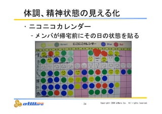 యㄪ䚸⢭⚄≧ែ䛾ぢ䛘䜛໬ 
• ニコニコカレンダー 
– メンバが帰宅前にその日の状態を貼る 
24 Copyright© 
2009 
atWare,Inc.　All 
rights 
reserved. 
 