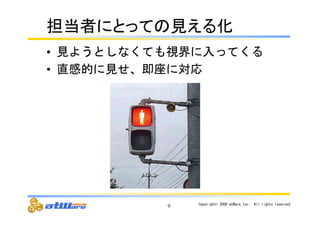 ᢸᙜ⪅䛻䛸䛳䛶䛾ぢ䛘䜛໬ 
• 見ようとしなくても視界に入ってくる 
• 直感的に見せ、即座に対応 
9 Copyright© 
2009 
atWare,Inc.　All 
rights 
reserved. 
 